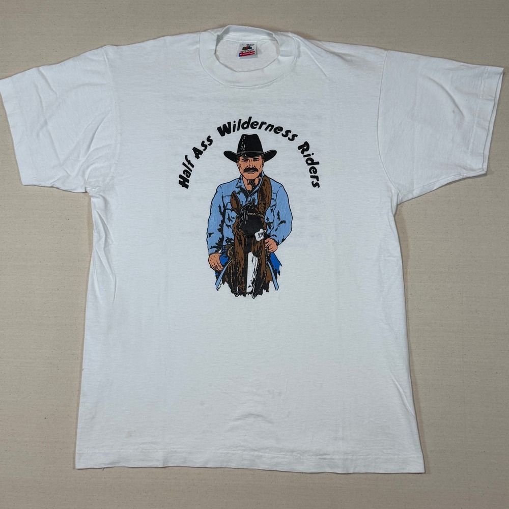 Vintage Half Ass Wilderness Riders T-Shirt White Large 90s Mule Horse Cowboy
